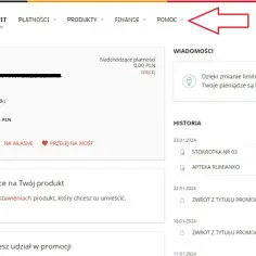 Strzałka wskazująca na zakładkę "Pomoc" na stronie głównej mBank.